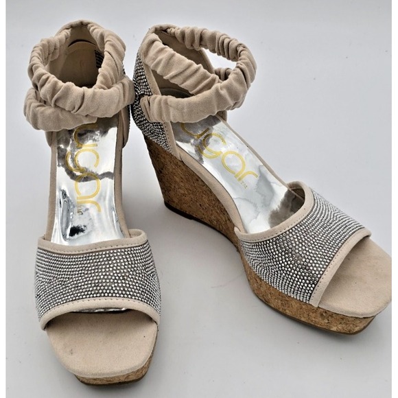 Sugar Women's‎ Harlow Wedge Sandal, Cream/Silver, Size 8.5M  Sequins Disco - Picture 1 of 13